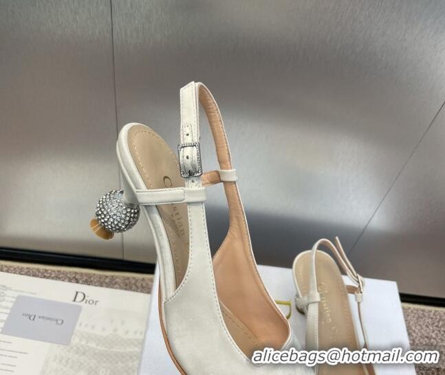 Good Quality Dior La Cigale Satin Slingback Pumps 5.5cm with Strass Heel White 0506070