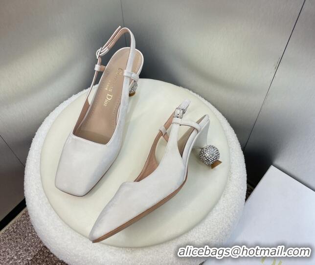 Good Quality Dior La Cigale Satin Slingback Pumps 5.5cm with Strass Heel White 0506070