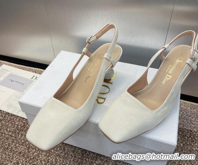 Good Quality Dior La Cigale Satin Slingback Pumps 5.5cm with Strass Heel White 0506070