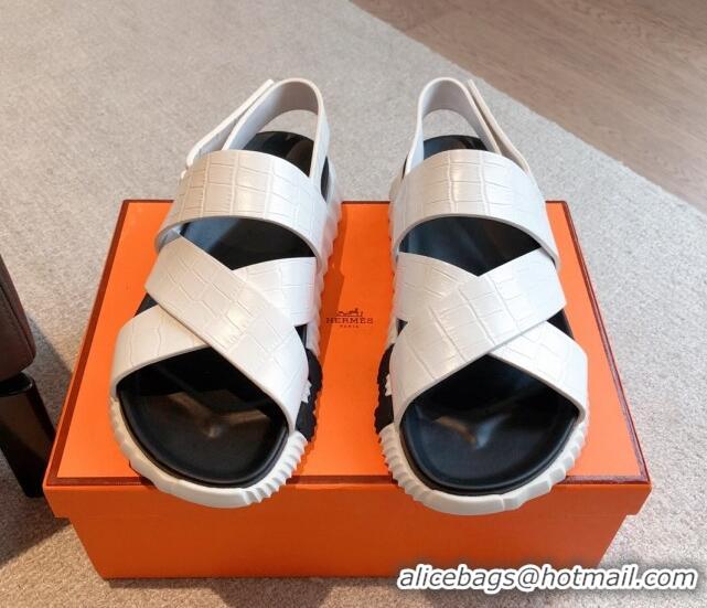 Buy Discount Hermes Electric Sandals in Stone Embossed Calfskin White 0326094