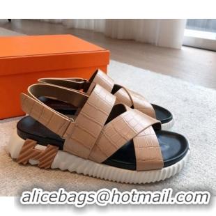 Good Quality Hermes Electric Sandals in Stone Embossed Calfskin Nude 326095