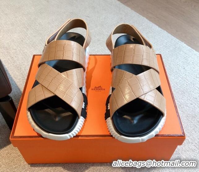 Good Quality Hermes Electric Sandals in Stone Embossed Calfskin Nude 326095