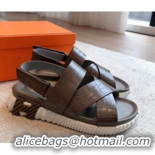 Grade Quality Hermes Electric Sandals in Stone Embossed Calfskin Grey 326096