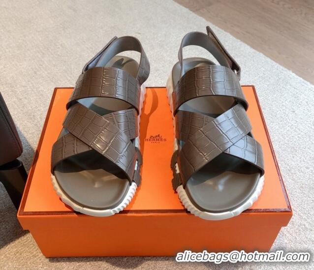 Grade Quality Hermes Electric Sandals in Stone Embossed Calfskin Grey 326096