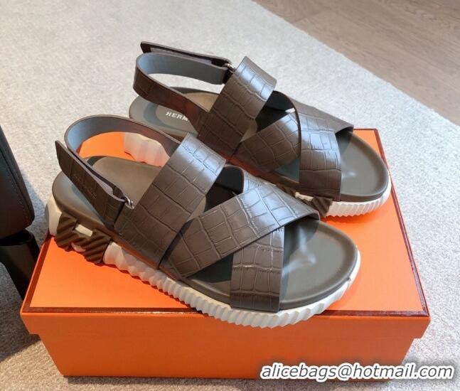 Grade Quality Hermes Electric Sandals in Stone Embossed Calfskin Grey 326096