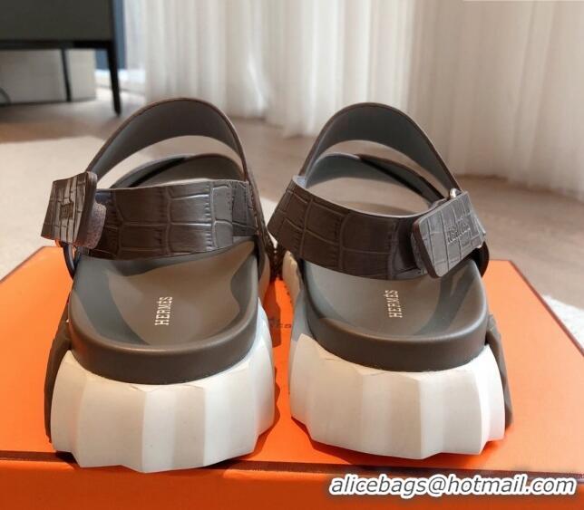 Grade Quality Hermes Electric Sandals in Stone Embossed Calfskin Grey 326096