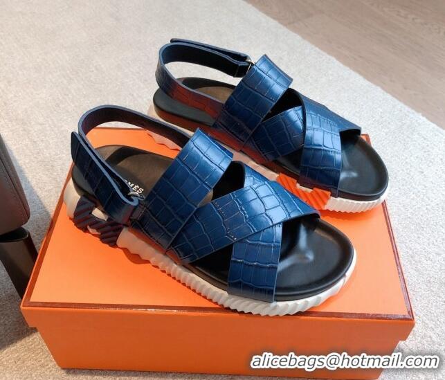 Top Grade Hermes Electric Sandals in Stone Embossed Calfskin Navy Blue 326097