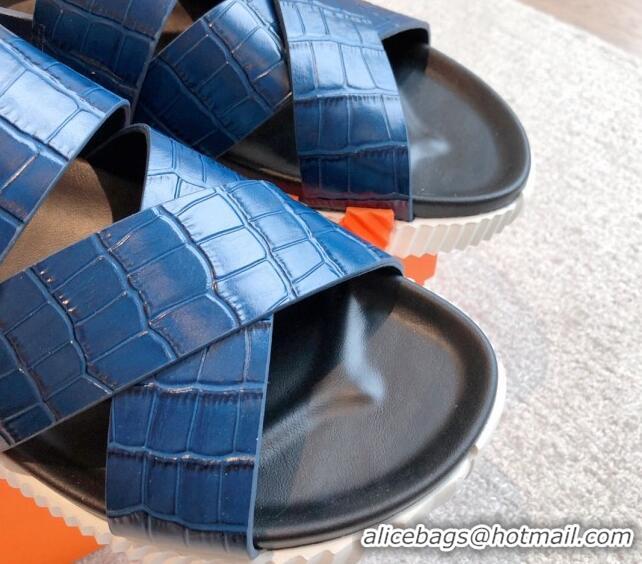 Top Grade Hermes Electric Sandals in Stone Embossed Calfskin Navy Blue 326097