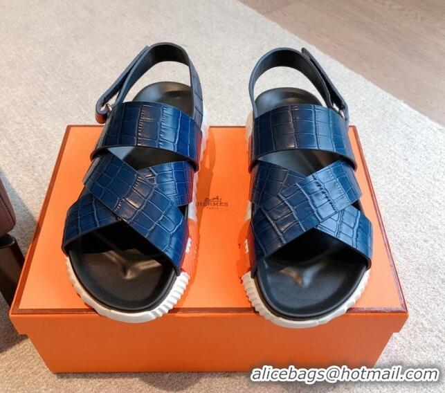 Top Grade Hermes Electric Sandals in Stone Embossed Calfskin Navy Blue 326097