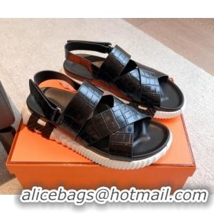 Buy Luxury Hermes Electric Sandals in Stone Embossed Calfskin Black 326098