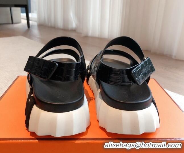 Buy Luxury Hermes Electric Sandals in Stone Embossed Calfskin Black 326098