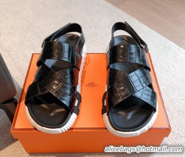 Buy Luxury Hermes Electric Sandals in Stone Embossed Calfskin Black 326098