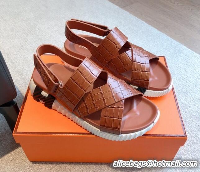 Luxury Hermes Electric Sandals in Stone Embossed Calfskin Brown 326099