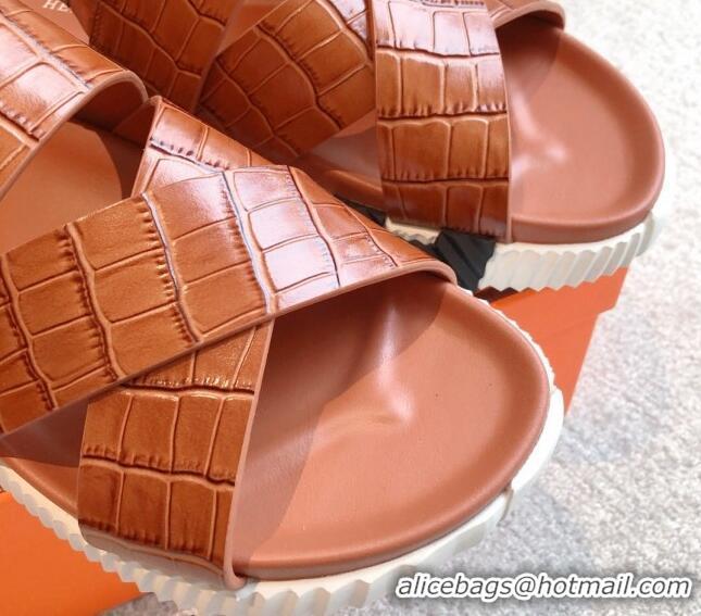 Luxury Hermes Electric Sandals in Stone Embossed Calfskin Brown 326099