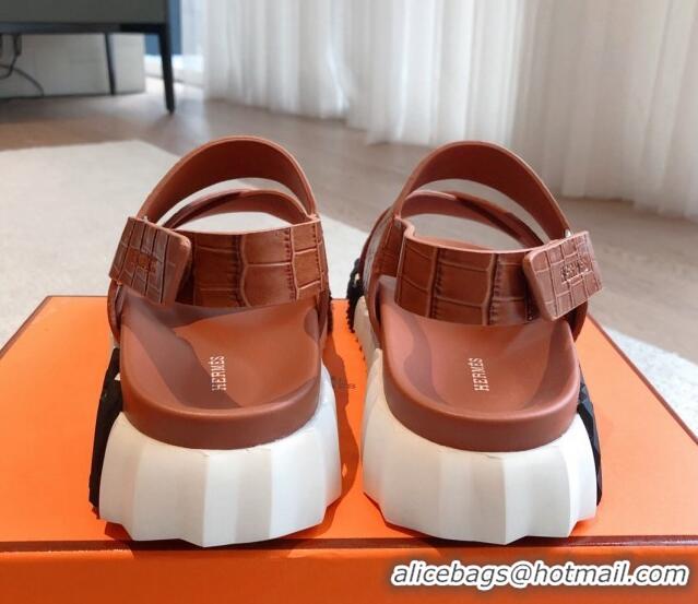 Luxury Hermes Electric Sandals in Stone Embossed Calfskin Brown 326099