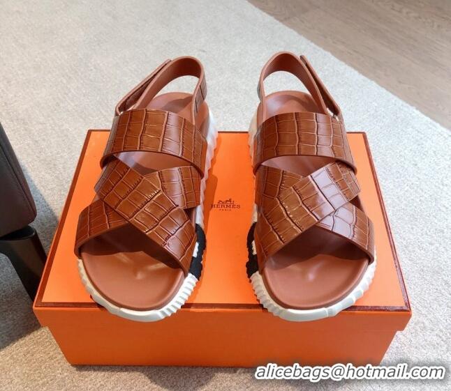 Luxury Hermes Electric Sandals in Stone Embossed Calfskin Brown 326099