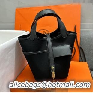 New Style Hermes Cargo Picotin Lock Bag 18cm in Swift Leather and Canvas H1524 Black/Gold