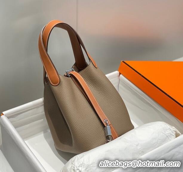 Top Quality Hermes Picotin Lock Bag 18cm in Patchwork Grained Leather H6015 Elephant Grey/Brown