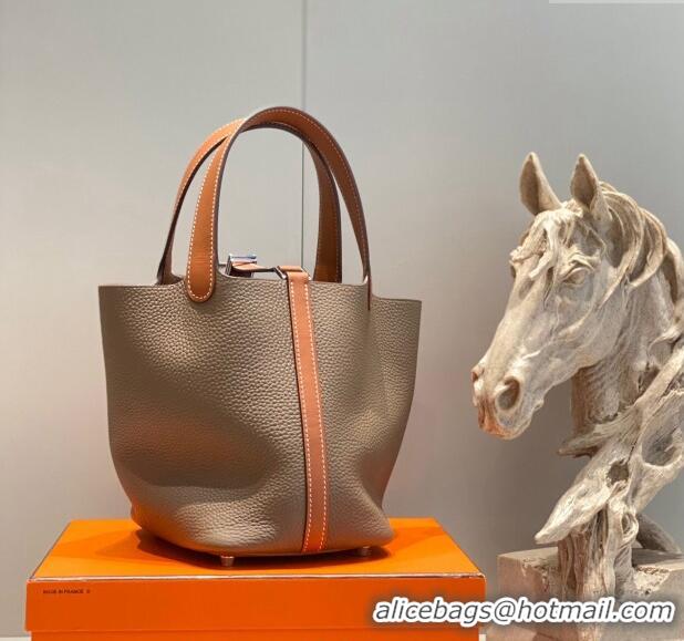 Top Quality Hermes Picotin Lock Bag 18cm in Patchwork Grained Leather H6015 Elephant Grey/Brown