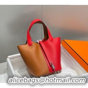 Best Quality Hermes Picotin Lock Bag 18cm in Patchwork Grained Leather H6015 Red/Brown