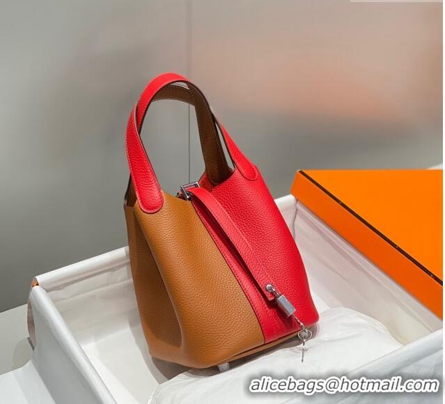 Best Quality Hermes Picotin Lock Bag 18cm in Patchwork Grained Leather H6015 Red/Brown