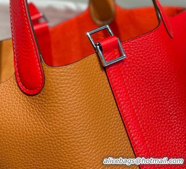 Best Quality Hermes Picotin Lock Bag 18cm in Patchwork Grained Leather H6015 Red/Brown