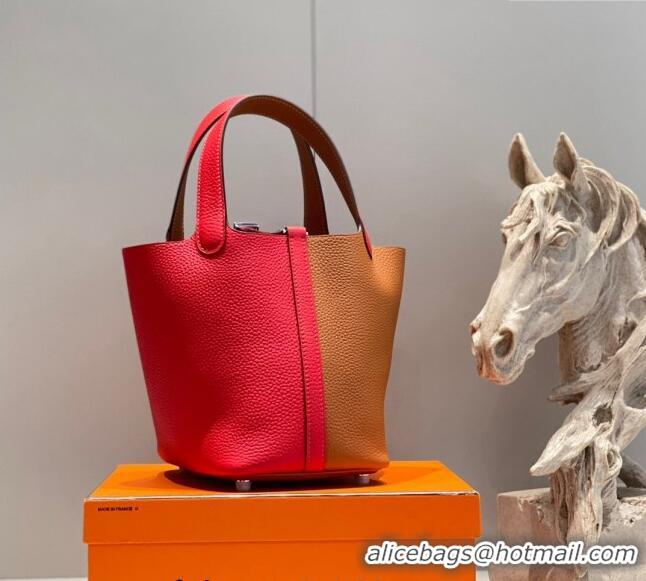 Best Quality Hermes Picotin Lock Bag 18cm in Patchwork Grained Leather H6015 Red/Brown