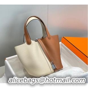 Big Discount Hermes Picotin Lock Bag 18cm in Patchwork Grained Leather H6015 Cream White/Brown