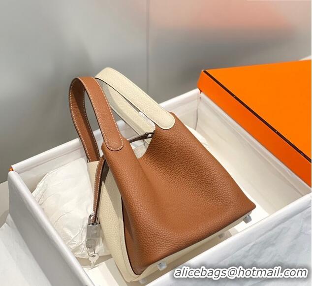 Big Discount Hermes Picotin Lock Bag 18cm in Patchwork Grained Leather H6015 Cream White/Brown