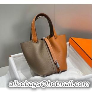 Famous Brand Hermes Picotin Lock Bag 18cm in Patchwork Grained Leather H6015 Elephant Grey/Brown