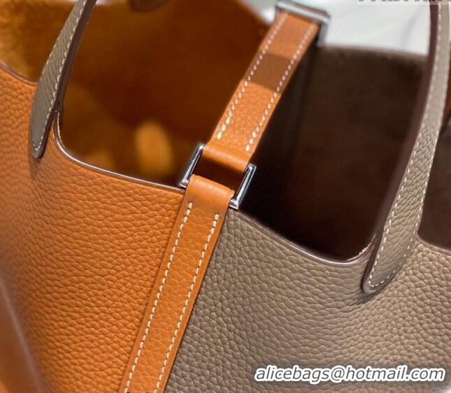 Famous Brand Hermes Picotin Lock Bag 18cm in Patchwork Grained Leather H6015 Elephant Grey/Brown