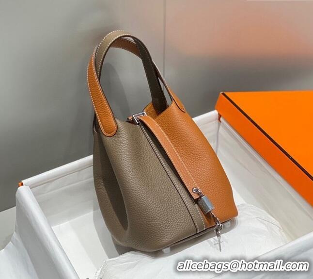 Famous Brand Hermes Picotin Lock Bag 18cm in Patchwork Grained Leather H6015 Elephant Grey/Brown