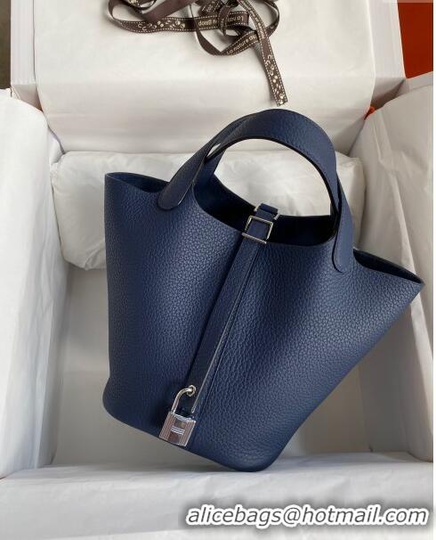 Top Quality Hermes Picotin Lock Bag 18cm/22cm in Taurillon Clemence Leather H0701 Deep Blue/Silver (Full Handmade)