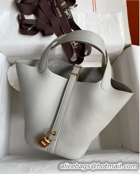 Pretty Style Hermes Picotin Lock Bag 18cm/22cm in Taurillon Clemence Leather H0701 Pearl Grey/Gold (Full Handmade)