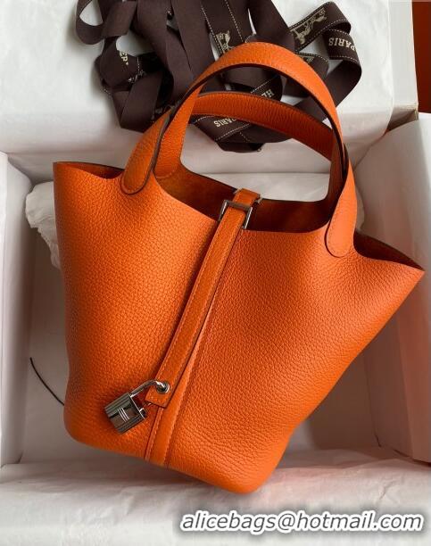 Best Design Hermes Picotin Lock Bag 18cm/22cm in Taurillon Clemence Leather H0701 Orange/Silver (Full Handmade)