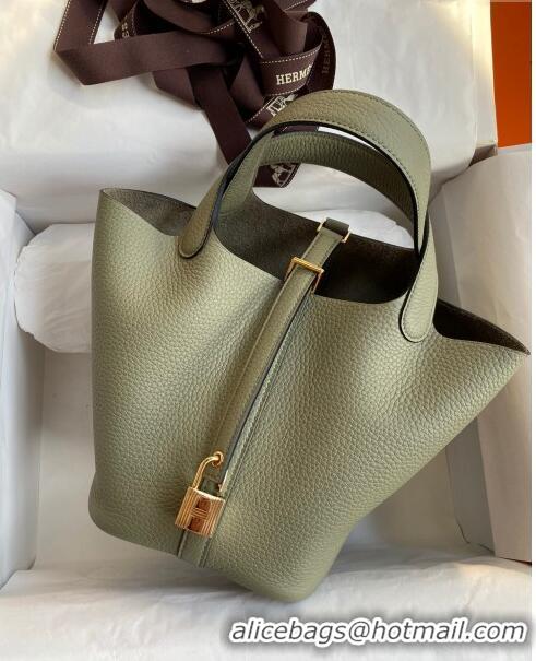 Cheapest Hermes Picotin Lock Bag 18cm/22cm in Taurillon Clemence Leather H0701 Sage Green/Gold (Full Handmade)