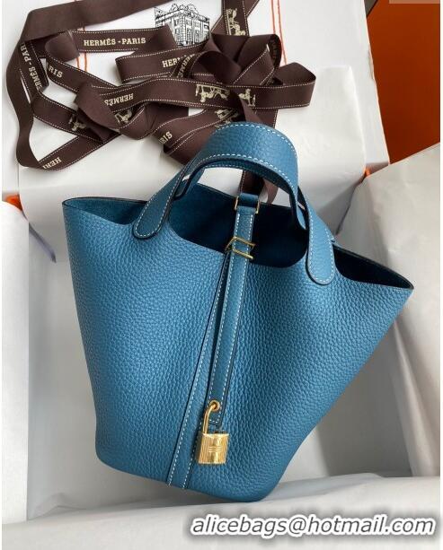 Discount Hermes Picotin Lock Bag 18cm/22cm in Taurillon Clemence Leather H0701 Denim Blue/White/Gold (Full Handmade)