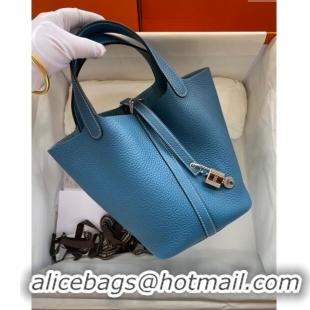 Low Price Hermes Picotin Lock Bag 18cm/22cm in Taurillon Clemence Leather H0701 Denim Blue/White/Silver (Full Handmade)