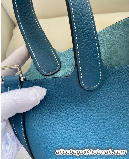 Low Price Hermes Picotin Lock Bag 18cm/22cm in Taurillon Clemence Leather H0701 Denim Blue/White/Silver (Full Handmade)