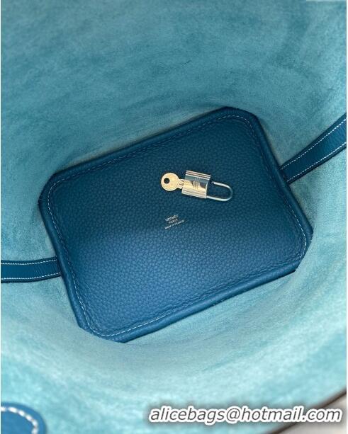 Low Price Hermes Picotin Lock Bag 18cm/22cm in Taurillon Clemence Leather H0701 Denim Blue/White/Silver (Full Handmade)