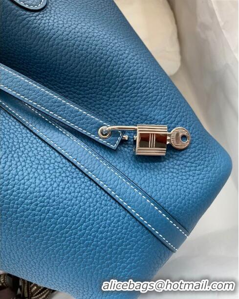 Low Price Hermes Picotin Lock Bag 18cm/22cm in Taurillon Clemence Leather H0701 Denim Blue/White/Silver (Full Handmade)