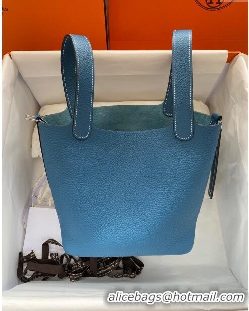 Low Price Hermes Picotin Lock Bag 18cm/22cm in Taurillon Clemence Leather H0701 Denim Blue/White/Silver (Full Handmade)