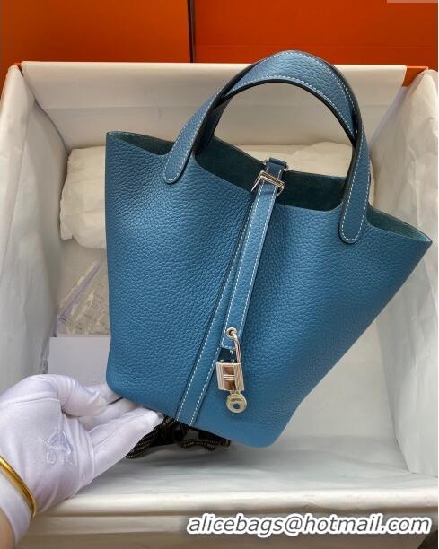 Low Price Hermes Picotin Lock Bag 18cm/22cm in Taurillon Clemence Leather H0701 Denim Blue/White/Silver (Full Handmade)