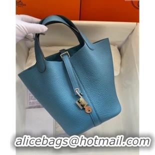 Top Grade Hermes Picotin Lock Bag 18cm/22cm in Taurillon Clemence Leather H0701 Denim Blue/Silver (Full Handmade)