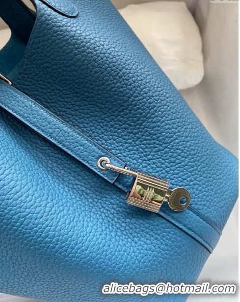 Top Grade Hermes Picotin Lock Bag 18cm/22cm in Taurillon Clemence Leather H0701 Denim Blue/Silver (Full Handmade)