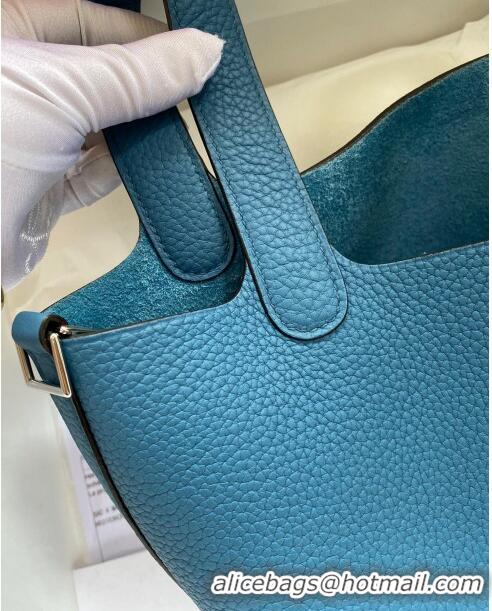 Top Grade Hermes Picotin Lock Bag 18cm/22cm in Taurillon Clemence Leather H0701 Denim Blue/Silver (Full Handmade)