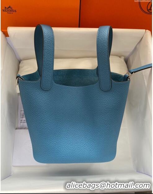 Top Grade Hermes Picotin Lock Bag 18cm/22cm in Taurillon Clemence Leather H0701 Denim Blue/Silver (Full Handmade)