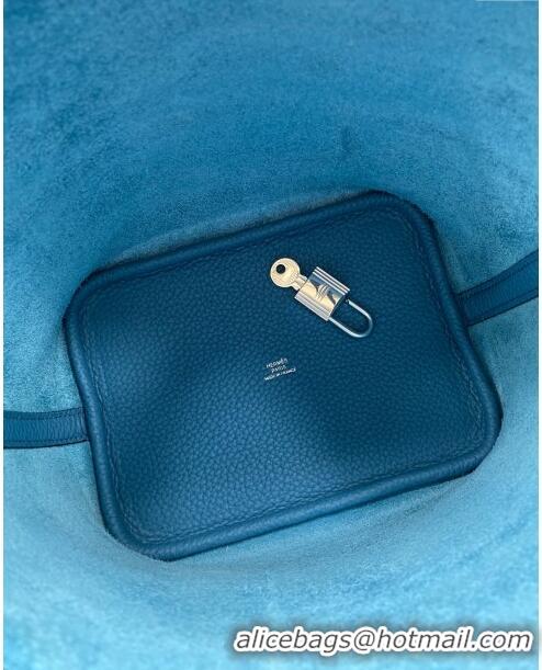 Top Grade Hermes Picotin Lock Bag 18cm/22cm in Taurillon Clemence Leather H0701 Denim Blue/Silver (Full Handmade)