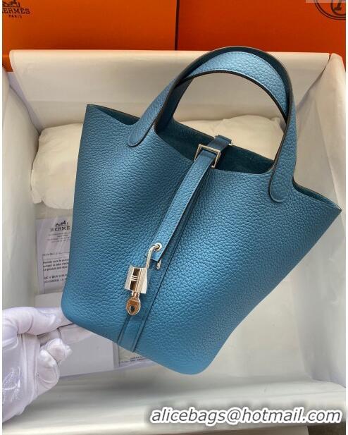 Top Grade Hermes Picotin Lock Bag 18cm/22cm in Taurillon Clemence Leather H0701 Denim Blue/Silver (Full Handmade)