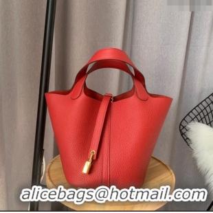 Top Design Hermes Picotin Lock Bag 18cm/22cm in Taurillon Clemence Leather H0701 Red/Gold (Full Handmade)